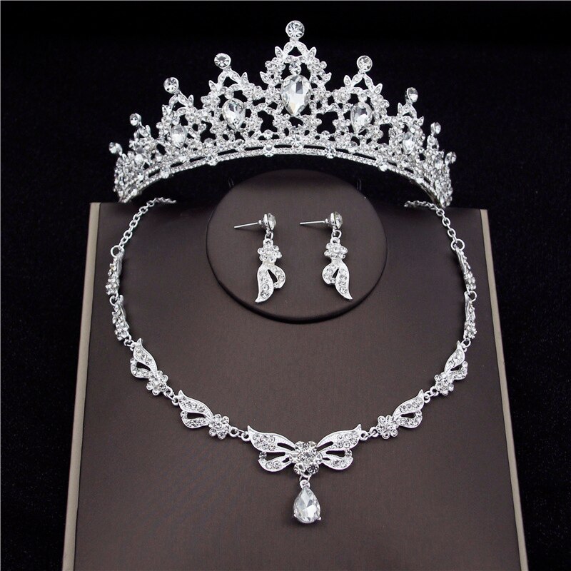 Koreaanse Mode Bruids Sieraden Sets Voor Vrouwen Bruid Tiara Kronen Oorbel Set Ketting Bruiloft Dubai Sieraden Sets Accessoires: Silver Sets