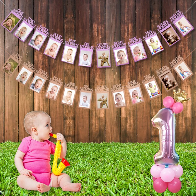1set 12 marco de fotos de meses Banner primeros banderines con de feliz cumpleaños decoraciones para Baby Shower guirnaldas de papel cabina de fotos suministros de