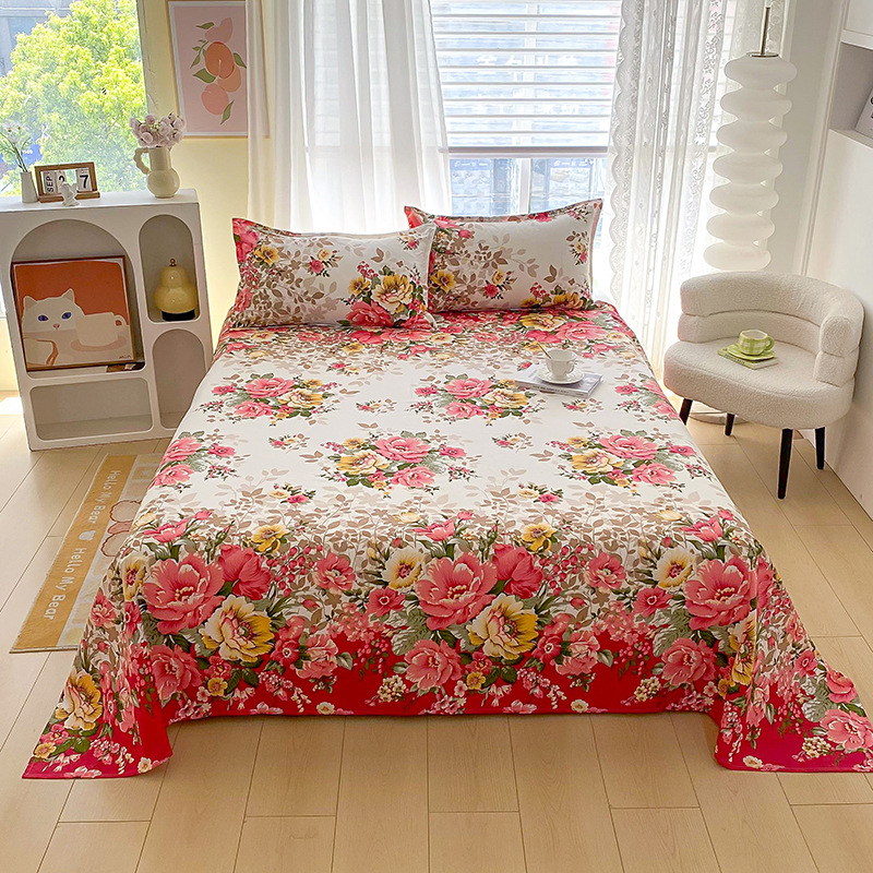Red Flower Printed Flat Bed Sheets for Double Bed Single/Queen/King Reactive Printed Top Sheets for Beds sabanas cama 150x200: Orange