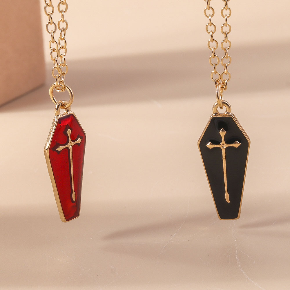 Aihua Cute Enamel Halloween Vampire Cross Coffin Friendship Couple Necklaces For Women Men BFF Best Friend Necklaces Jewelry: Antique Silver Plated