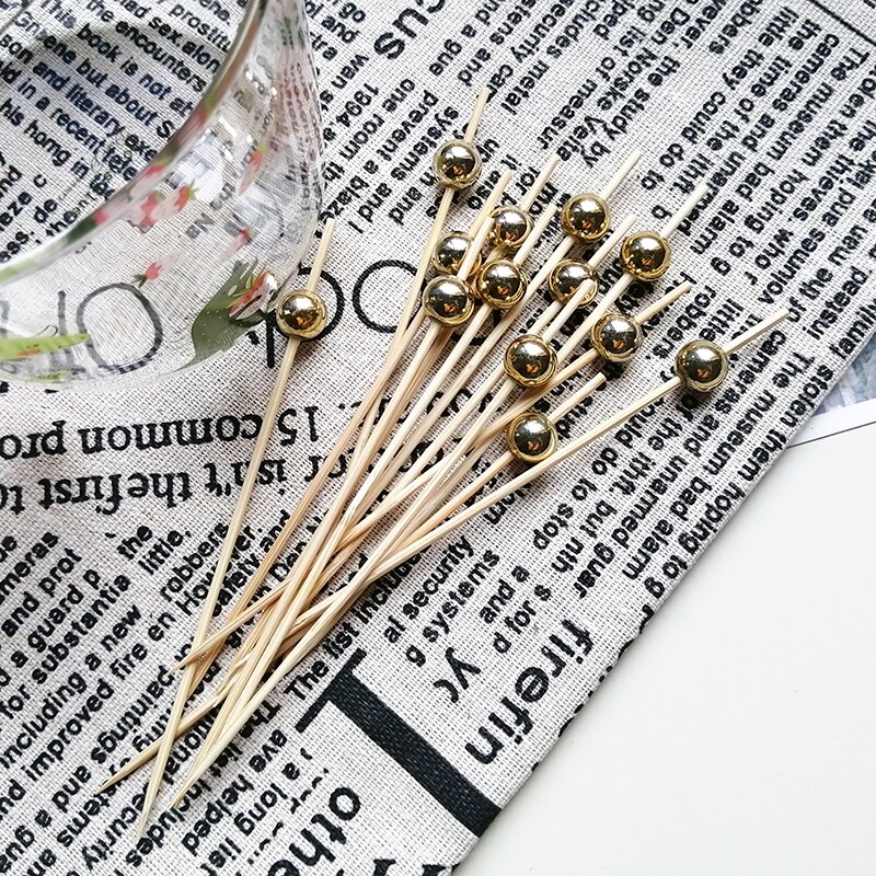 100PCS Gold Beads Bamboo Fruit Sticks For Kids Cocktail Decoration Picks Salad Sandwich Buffet Toothpicks Wedding Party Supply