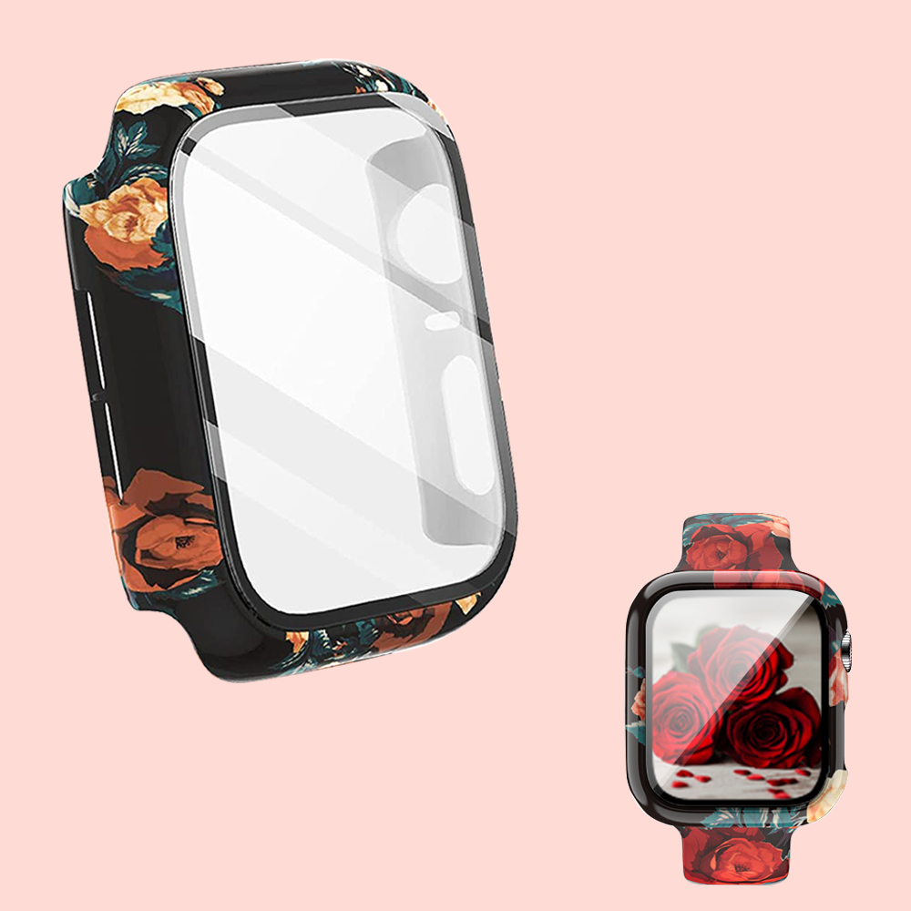 Funda + cristal para Apple Watch 44mm 40mm 38mm 42mm, cubierta protectora de leopardo de para parachoques de PC duro para iWatch SE 6 5 4 3 2 1: PEACOCK BLUE / 1 pulgada