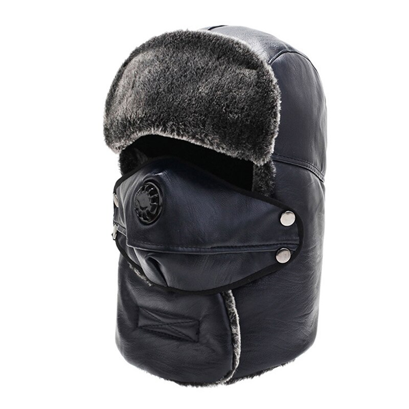 Fur Leather Russia Army Mask Hat Thick Warm Winter Outdoor Hat Bomber Hat Waterproof Hat LeiFeng Hat Full Protectional Hat: navy