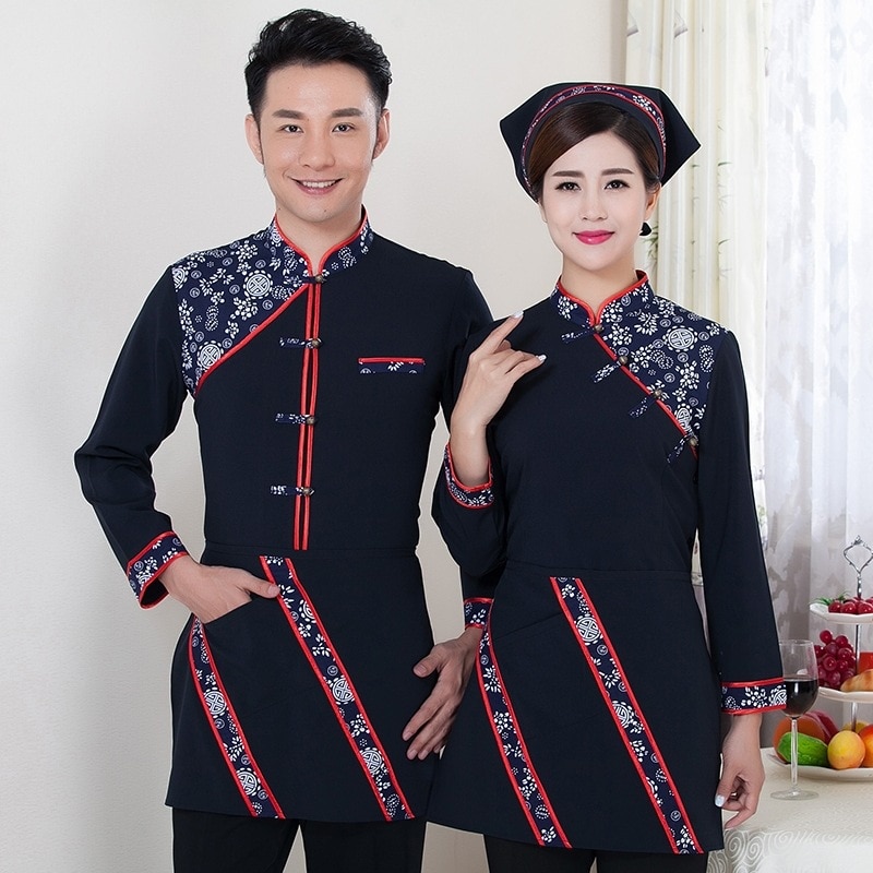 Featured Hotel Restaurant Farmhouse Waiter Uniforms Chinese Style Waitress Working Uniform Long Sleeve Overall Uniform
