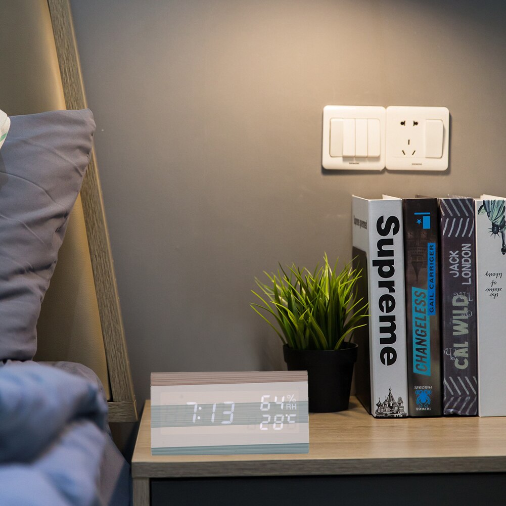 Wooden Digital LED Alarm Clock Adjustable Sound Control Temperature Humidity Table Watch Home Bedroom Desktop Decor