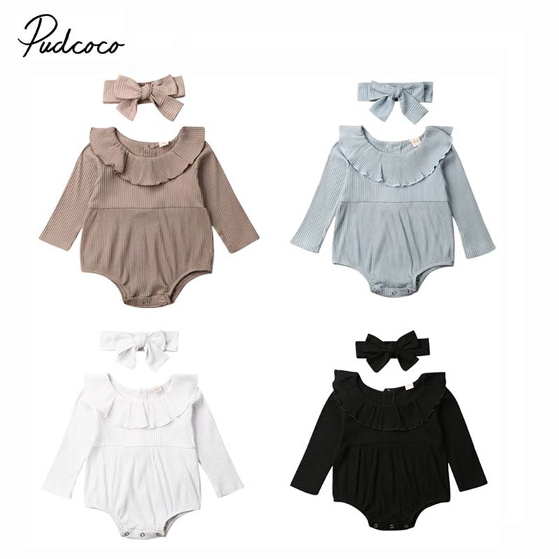Vêtements pour bébés filles, vêtement de printemps et automne, combinaison à volants tricoté à manches longues, couleur unie, ensemble + bandeau,