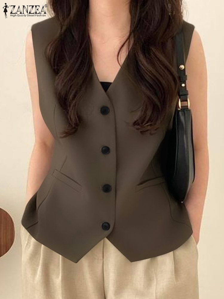 Kontor v-hals dressvester zanzea dame tanktoppvest ermeløs blazer yttertøy sommer khaki tanktopper overdimensjonerte: Xl / Brun