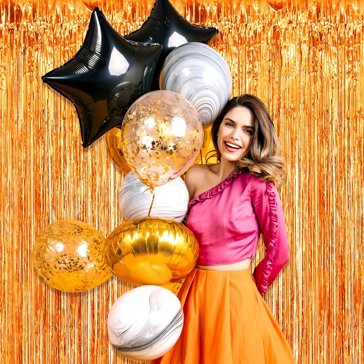 3er- pack orangefarbene quasten-hintergrunddekorationsset, metallische folienquasten-vorhanghintergrund, geeignet für wichtige szenen