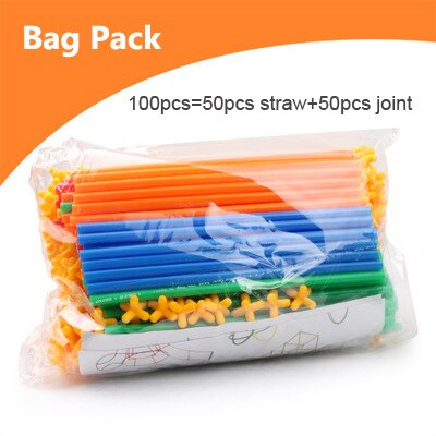 4D DIY Straw Building Blocks Plastic Stitching Inserted Construction Assembled Blocks Bricks Educational Toys for Children: 100pcs bag pack