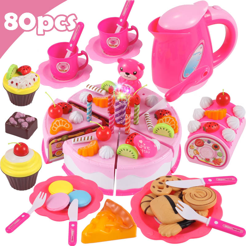 Neueste DIY Pretend Spielen Obst Schneiden Geburtstag Kuchen Küche Lebensmittel Spielzeug Cocina De Juguete Spielzeug Rosa Blau Mädchen für kinder: 80Pcs Pink