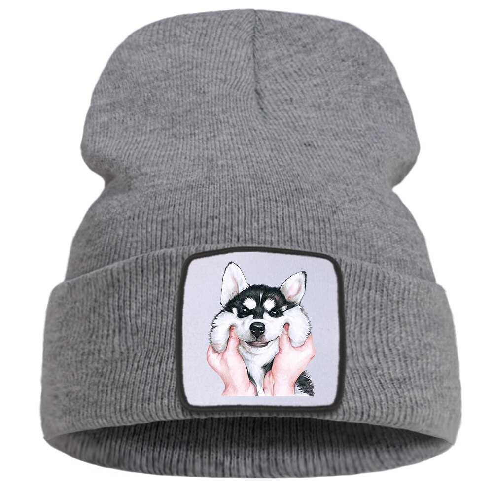 Belle mignon Husky chien Bonnet casquettes femmes hiver coton Skullies chapeau hommes en plein air Hip Hop Bonnet tricoté doux unisexe Beanie chapeaux: gray6
