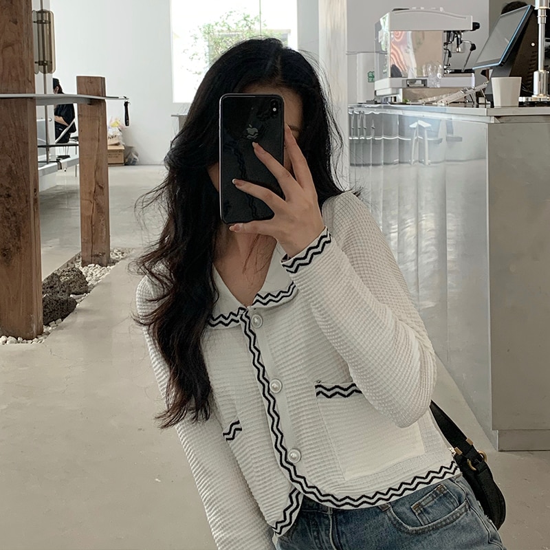 Dames gebreide truien met lange mouwen en omslagkraag, vesten, damesgebreide truien met zakken, chique crop tops voor dames