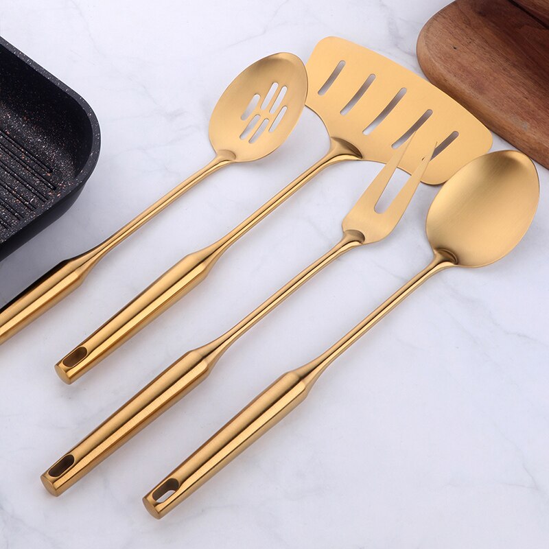 1/4 pcs Rose Gold Kitchen Accessories Gold Matt Utensil Stainless Steel kitchenware Long Service Spoon Fork Fish Cooking Tool: Gold-4pcs