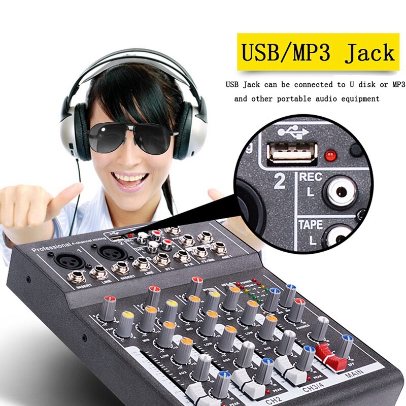 Mini-tragbarer audiomixer mit usb-dj-soundmischpult,  mp3 klinkenbuchsen , 4- kanal-karaoke, 48v verstärker (eu-stecker)