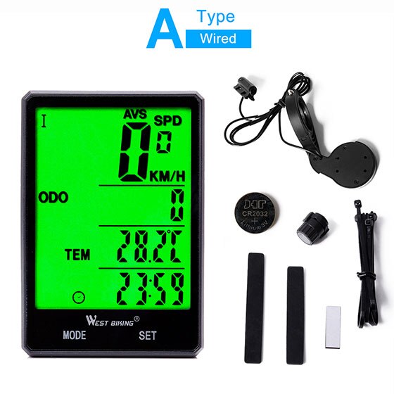 Velocímetro de ciclismo WEST BIKING, pantalla grande de 2,8 pulgadas, impermeable, 20 funciones, inalámbrico y con cable, odómetro de bicicleta, ordenador: A Wired