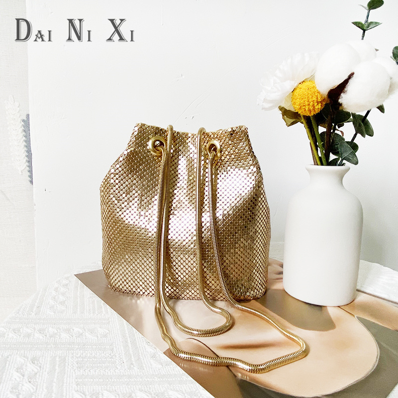 Women Aluminum Mesh Bucket Shoulder Bag Clutch Handmade Metal Strap Handbags Bridal Purse: Gold