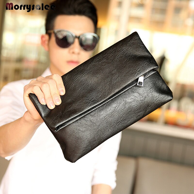 Bolso de mano de cuero negro para hombre, cartera de negocios, sencillo, de gran capacidad, plegable