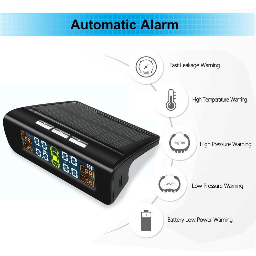 LCD Solar Tire Pressure Monitoring System (TPMS) With 4 External Sensors, 5 Alarm Modes