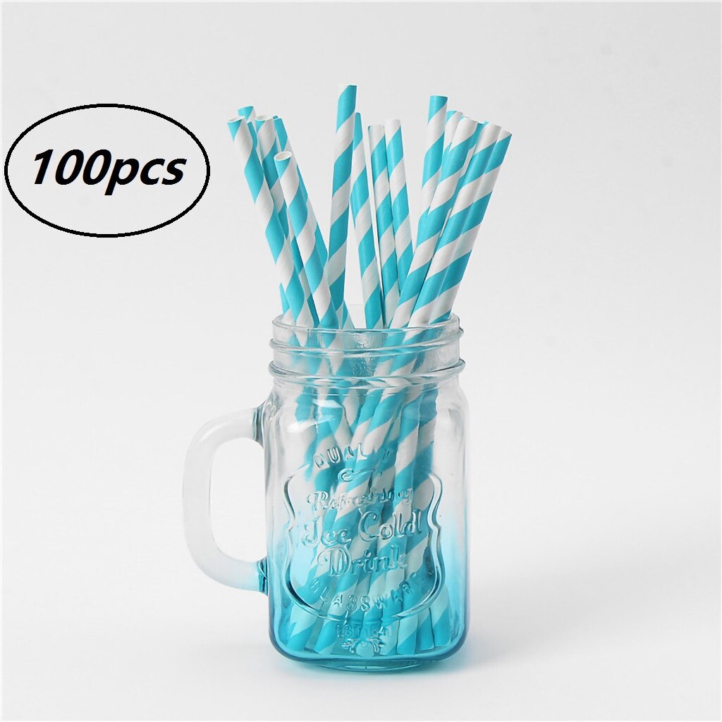 100pcs Disposable Straw Custom Juice Straws Kraft Paper Eco-friendly Wedding Party Supply Striped Paper Drinking Straws: Blue