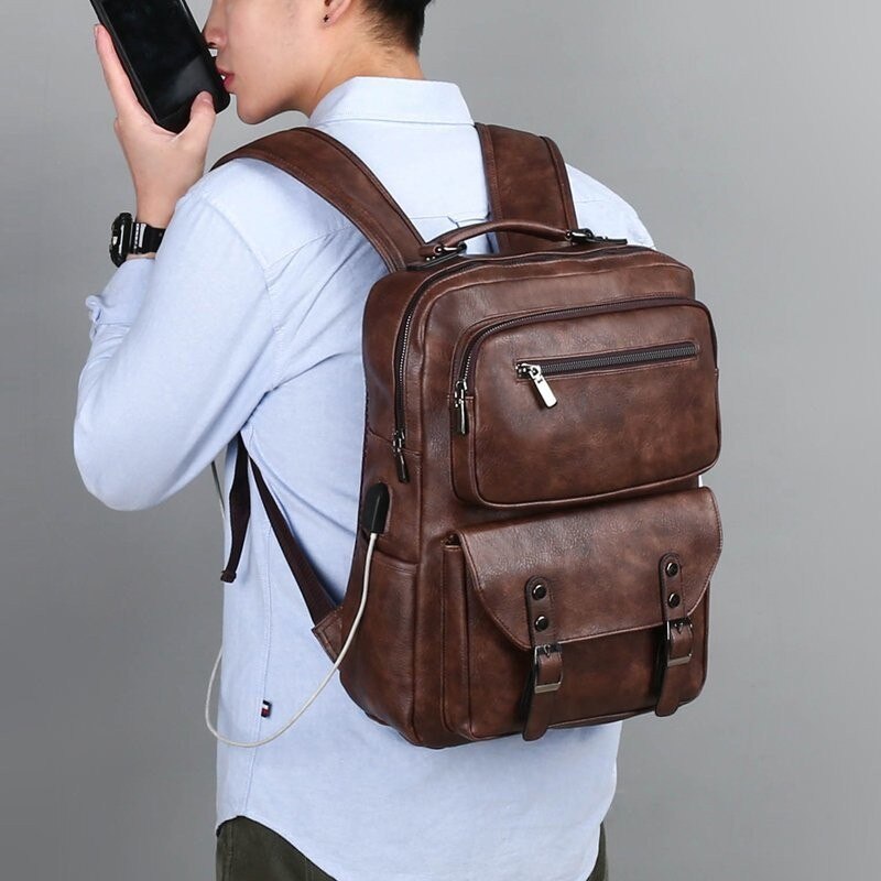 Mochila Vintage de cuero Pu para hombre, morral de viaje de negocios para ordenador portátil, de gran capacidad bolso de hombro, mochilas escolares para estudiantes