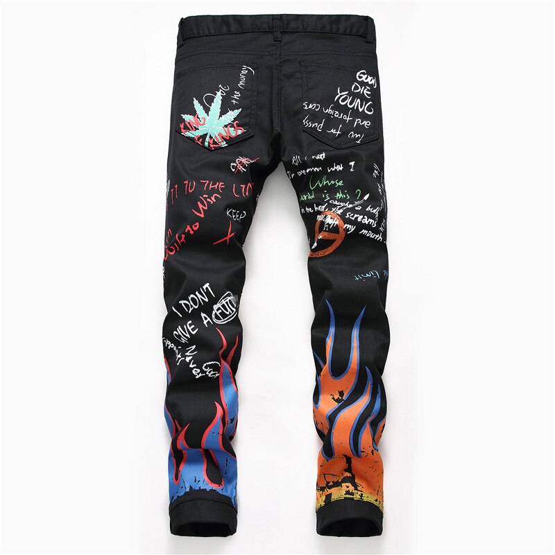 Mænds breve flamme sorte trykte jeans slanke lige farvede malede stretchbukser