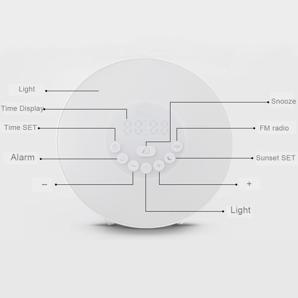 Led digitale wekker, wekkerlamp, tafelklok, lamp, zonsopgang, zonsondergang, elektronische snooze-wekkers, fm-radio