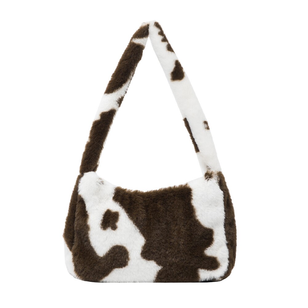 Borsa a tracolla ascellare con motivo animalier in peluche per donna borse a mano pelose autunnali borse a tracolla Casual giornaliere da donna: Brown Cow Pattern