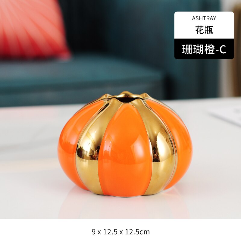 Star Fruit Ceramics Vase Orange Porcelain Vases Desk Decor Golden Stripes Floral Artificial Flowers Home Decoration Modern: C