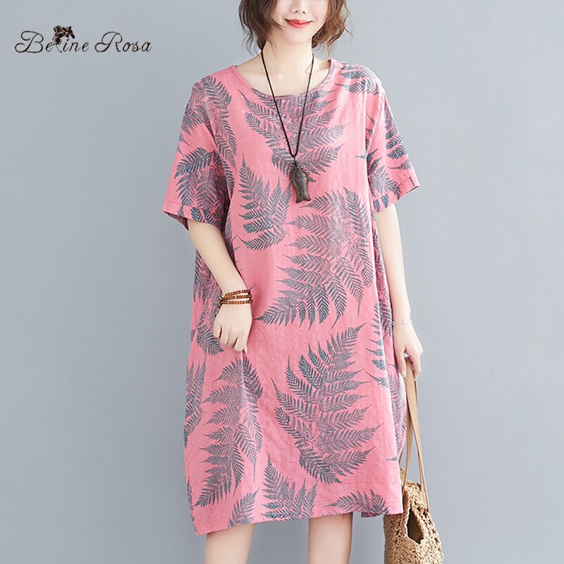 BelineRosa-vestido holgado de lino y algodón para mujer, ropa de talla grande para vacaciones en Hawai, BSDM03437,