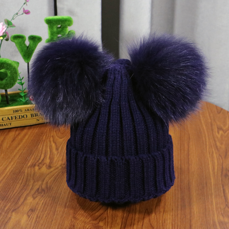 Gorro de dos pompones peludos de invierno para niños, gorro bonito tejido para niñas y niños, gorro cálido de punto para Gorros de bebé, gorro cálido para niños