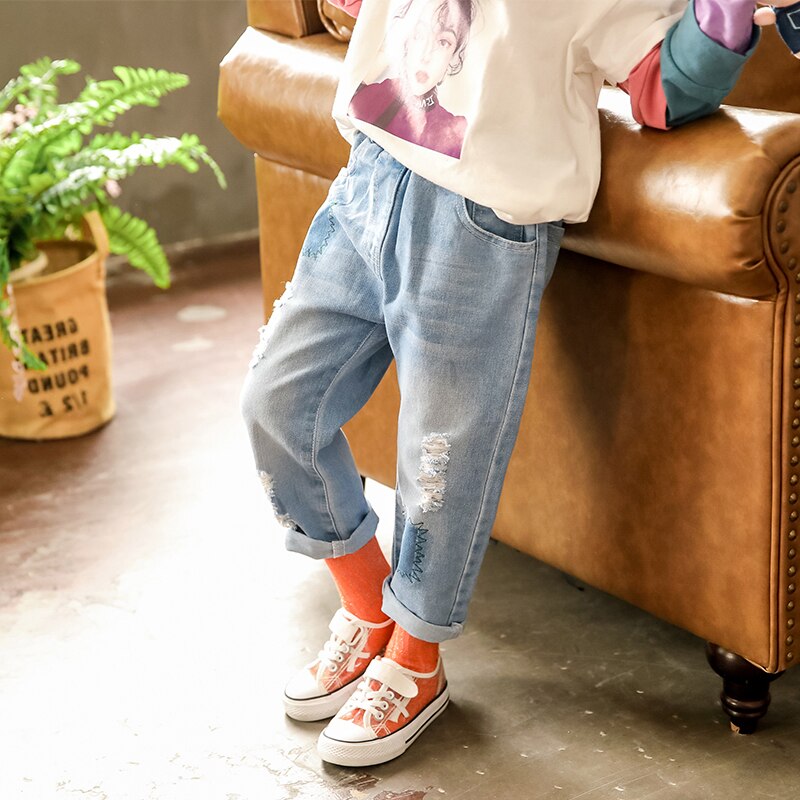 jeans girl Korean style loose summer children's wear CUHK summer ripped jeans 4-14 years old