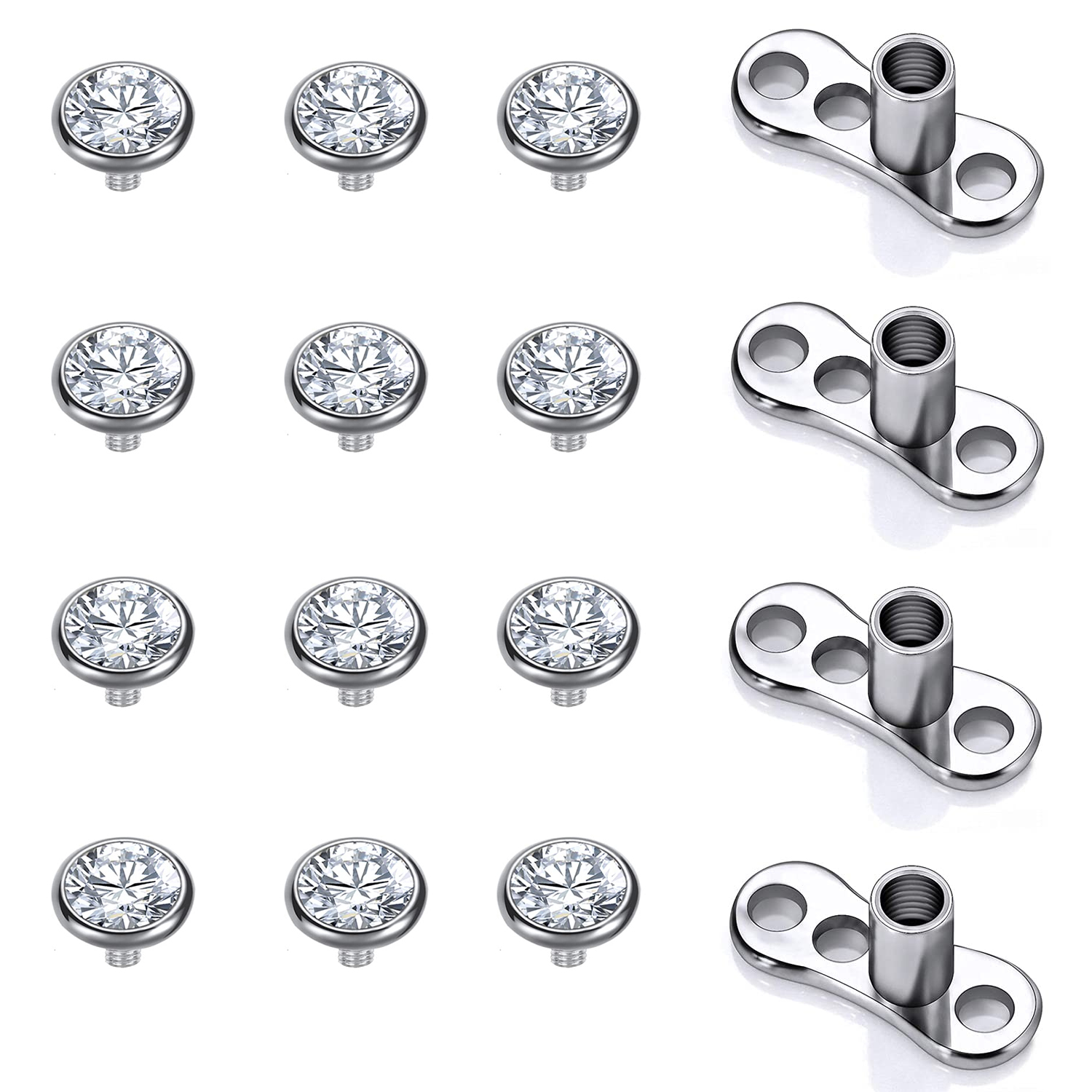 16PCS Crystal Dermal Anchor Tops 3-6mm 14G Surgical Steel Surface Piercing Skin Base: ROSE GOLD COLOR