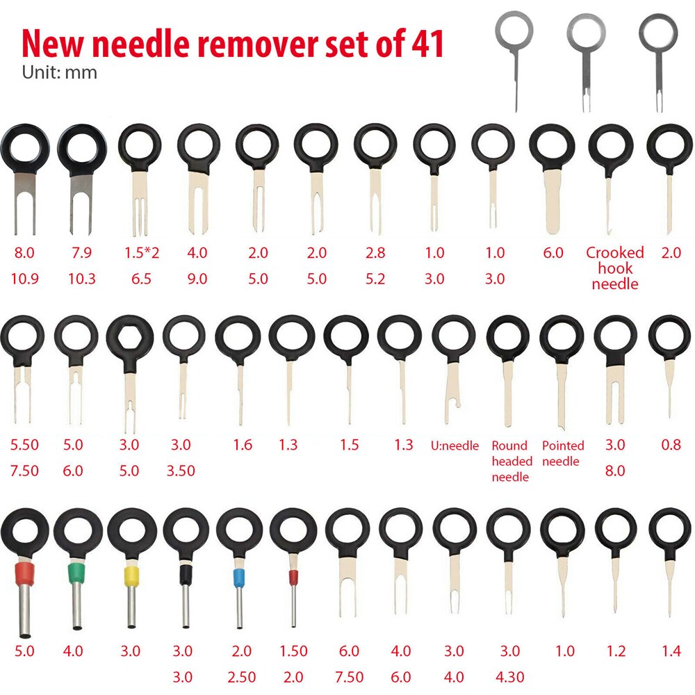 Set van 41 stuks draadklemverwijderingsgereedschap voor elektrische bedrading van auto's, krimpconnector, pinontgrendelingsextractor, trekker en naaldverwijderaar.