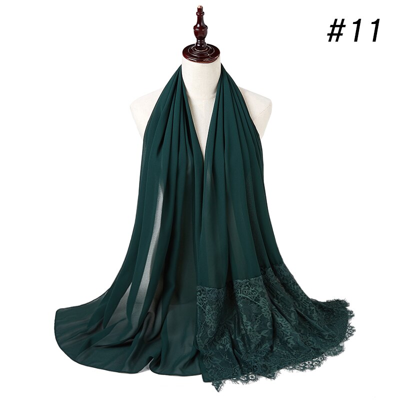 Vrouw Vlakte Kant Sjaal Buble Chiffon Moslim Sjaal Moslim Effen Kleur Lady Uitlaat Luxe Foulard Hijaabs: color 11