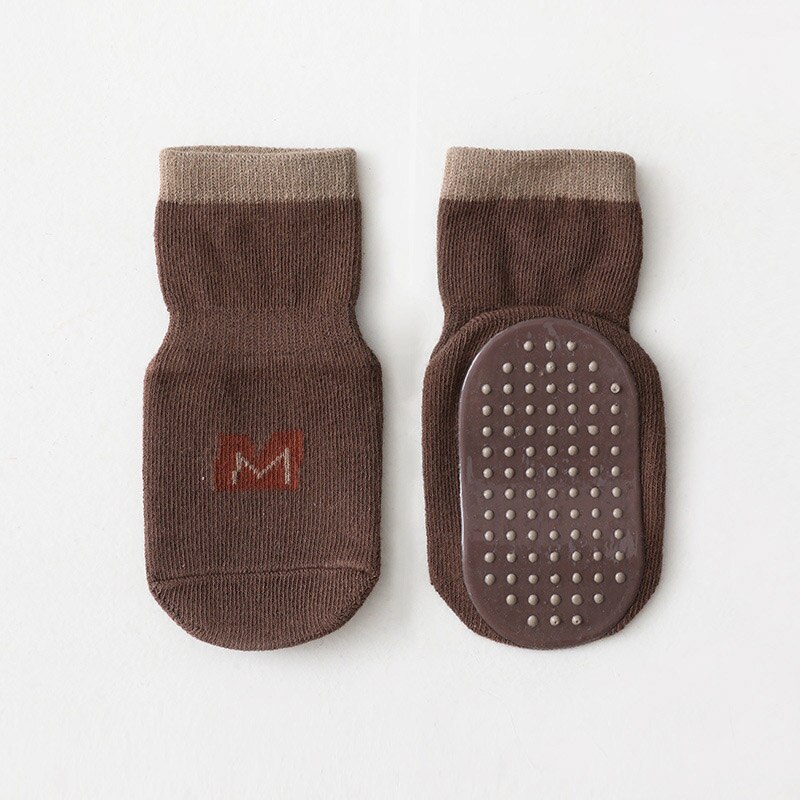 Baby Vloer Sokken Effen Kleur Baby Peuter Anti-Slip Sokken Katoenen Baby Meisje Jongen Korte Sokken Vier Seizoen: dark brown