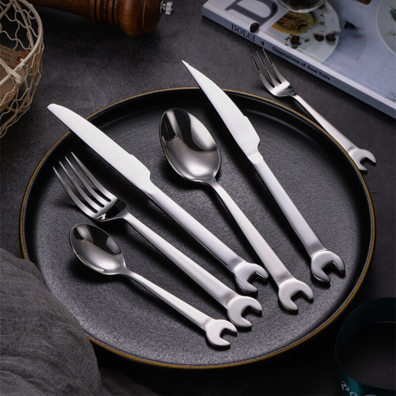 6Pcs Wrench Shape Tea Fork Spoon Knife 304Stainless Steel Dinner Spoon Coffee Cutlery Set Tableware Kitchen Accessories