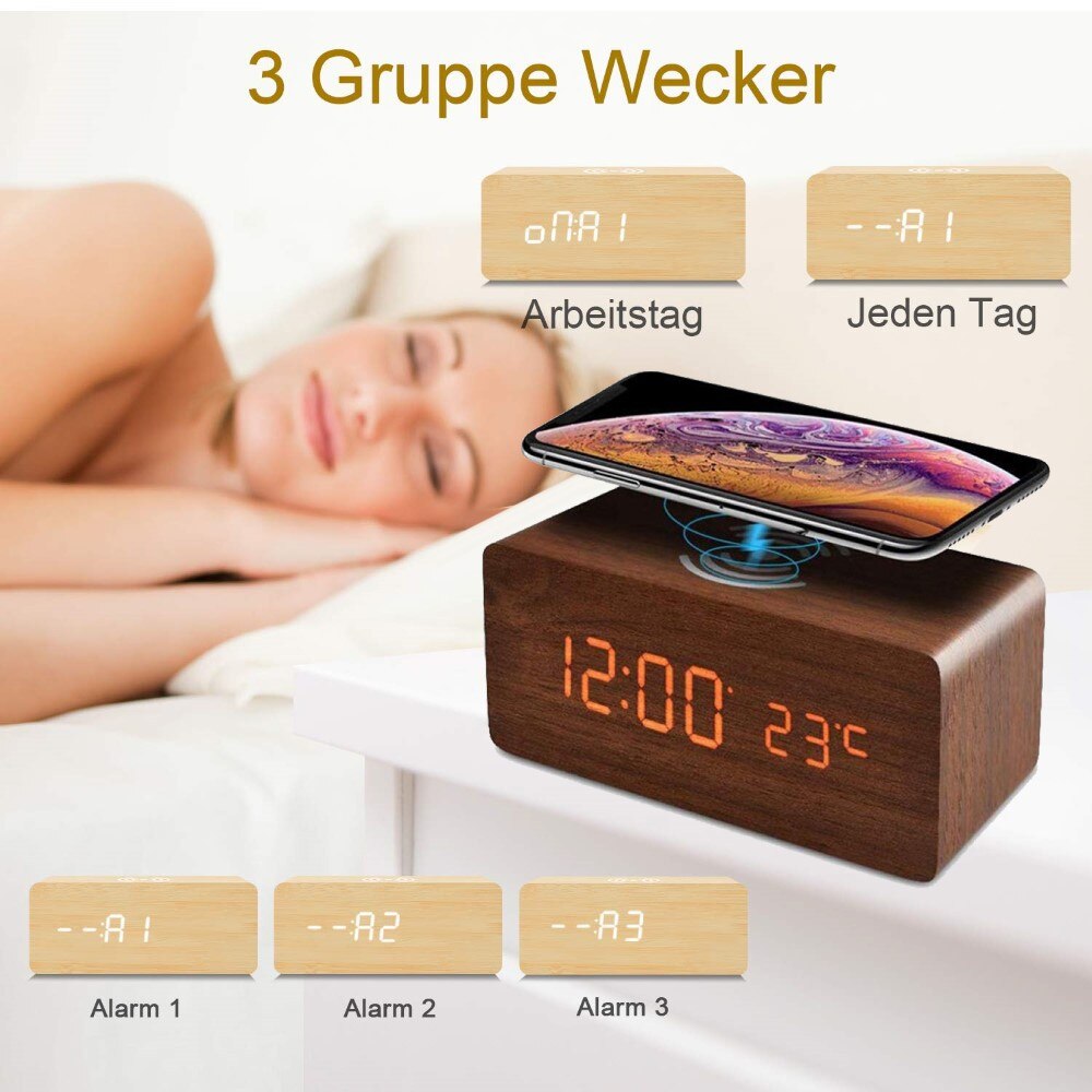 LED Electric Alarm Clock Wood Digital Desk Clock Thermometer Qi Wireless Charger Wireless Charging Pad Station With Date Display