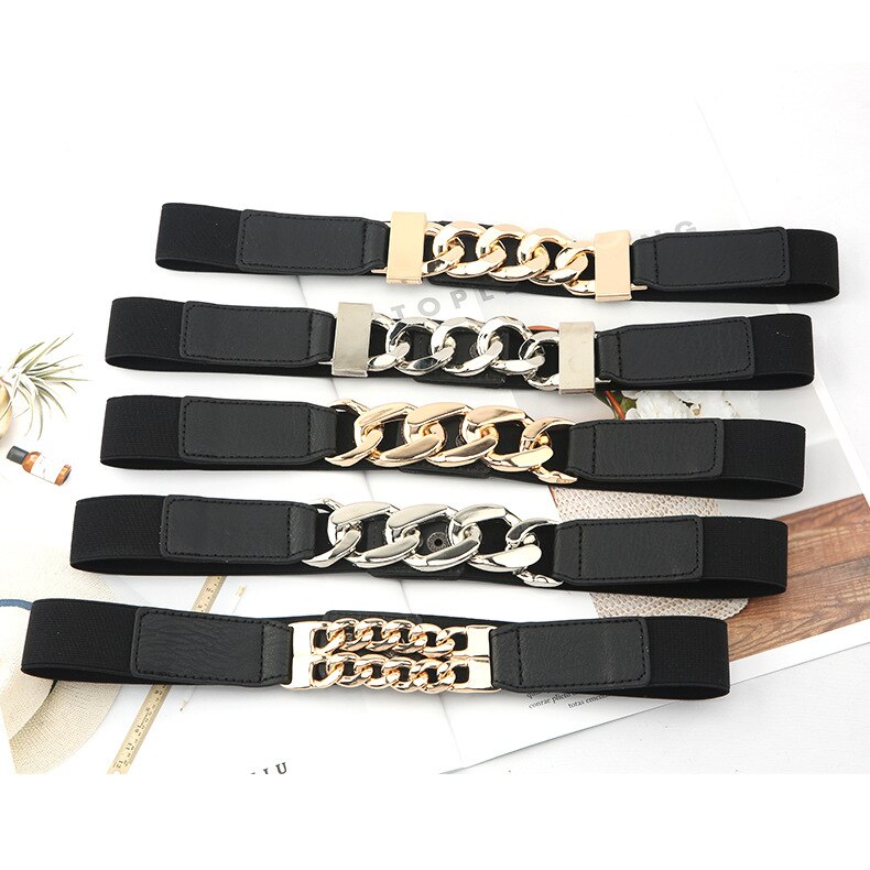 Luxury Gold Chain Belt Elastic Silver Metal Waist Belts for Women Stretch Ladies Coat Ketting Riem Waistband 2.3cm
