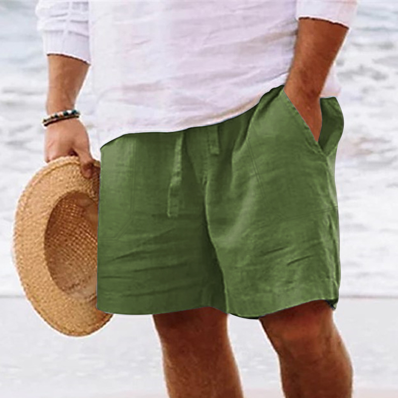 Pantalones cortos de lino y algodón para hombre, Bermudas de cinco puntos, cintura elástica con cordón, pierna recta, Color sólido, transpirables, uso diario en la playa: XXL / Verde