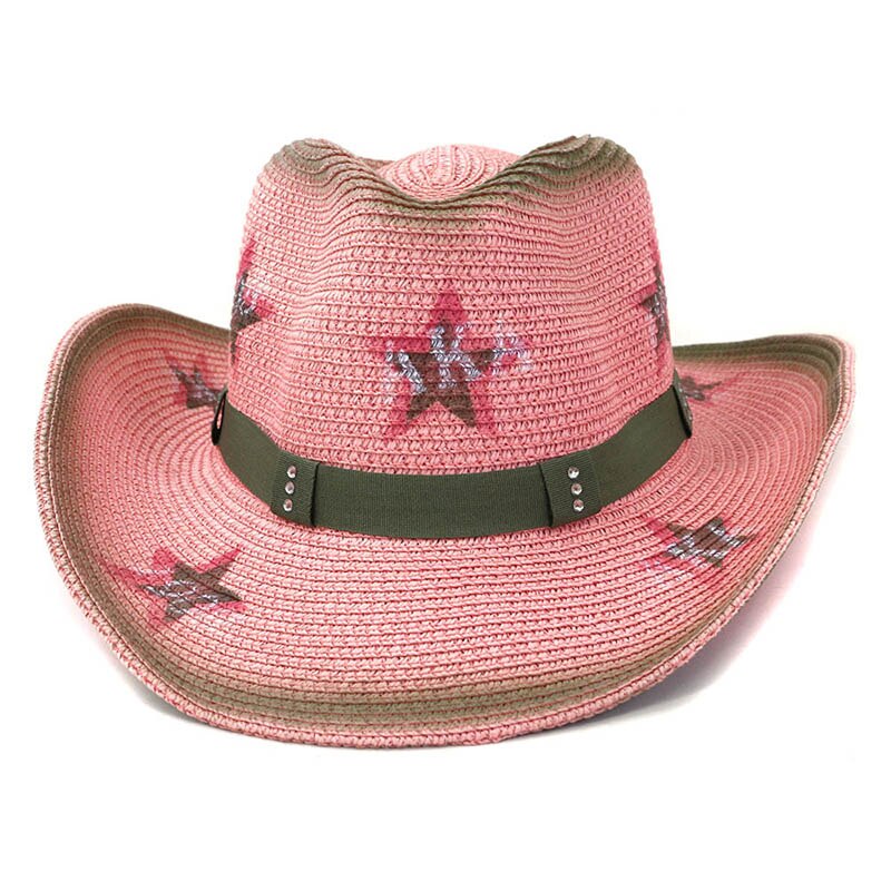 Hat Men Women National Style Western Cowboy Hats Pink Outdoor Seaside Sun Protection Shade Straw Cap QDKPOTC: Can Be Adjusted