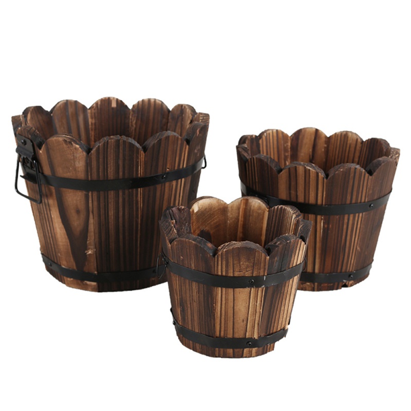Rétro baril en bois fleur Pot ondulé bord Pot de fleurs jardinière jardin plantes succulentes plantation conteneur fleur barils décoration