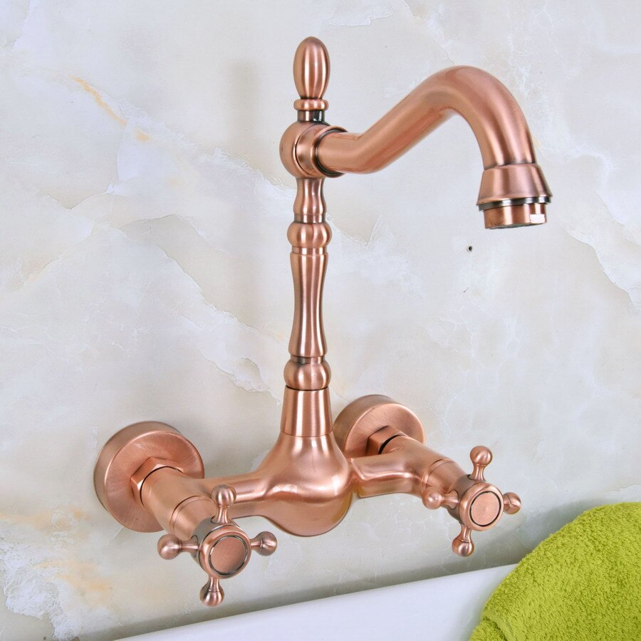 Rojo antiguo cobre latón baño cocina lavabo grifo mezclador grifo caño giratorio montado en la pared doble picaportes en cruz mnf944