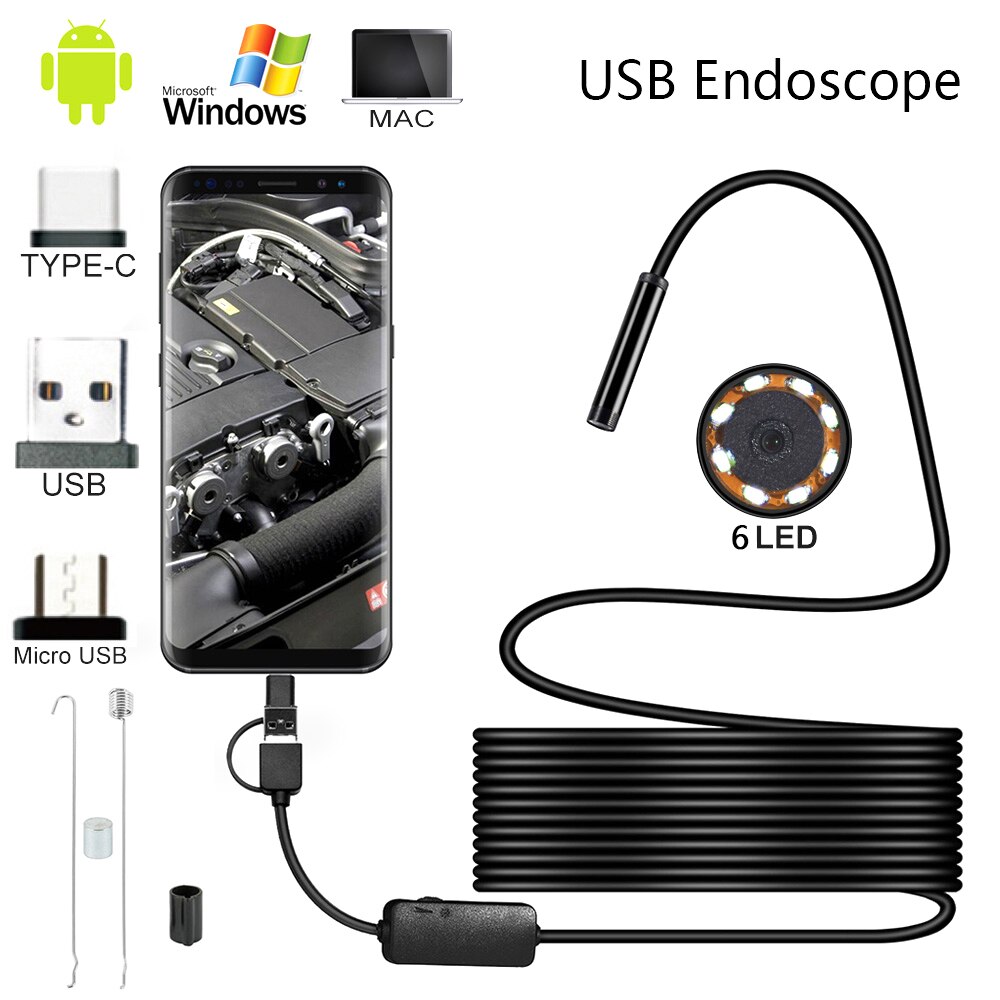 Boroscopio para cámara endoscópica de 1M-10M 5,5mm con 6LEDs, cable duro Flexible IP67, impermeable, USB, Micro cámara de inspección para Android PC