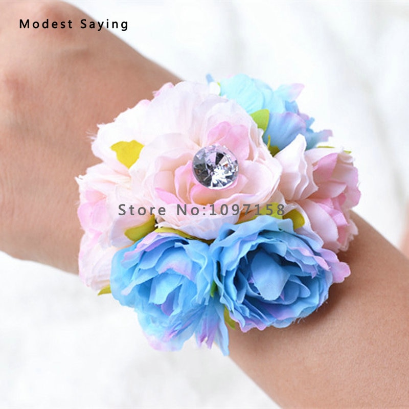 3pcs Romantic Blue Artificial Flowers Rosette Wedding Wrist Corsage for Bride and Bridemaid Wedding Party Prom Accessories