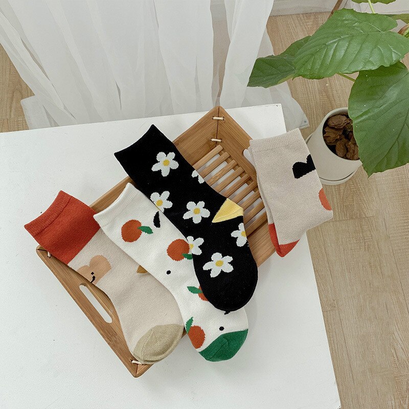 Cartoon Flower 4 Pairs/lot Children's Socks Korean Cotton Retro Color Baby Girls Socks for 1-8Y Kids