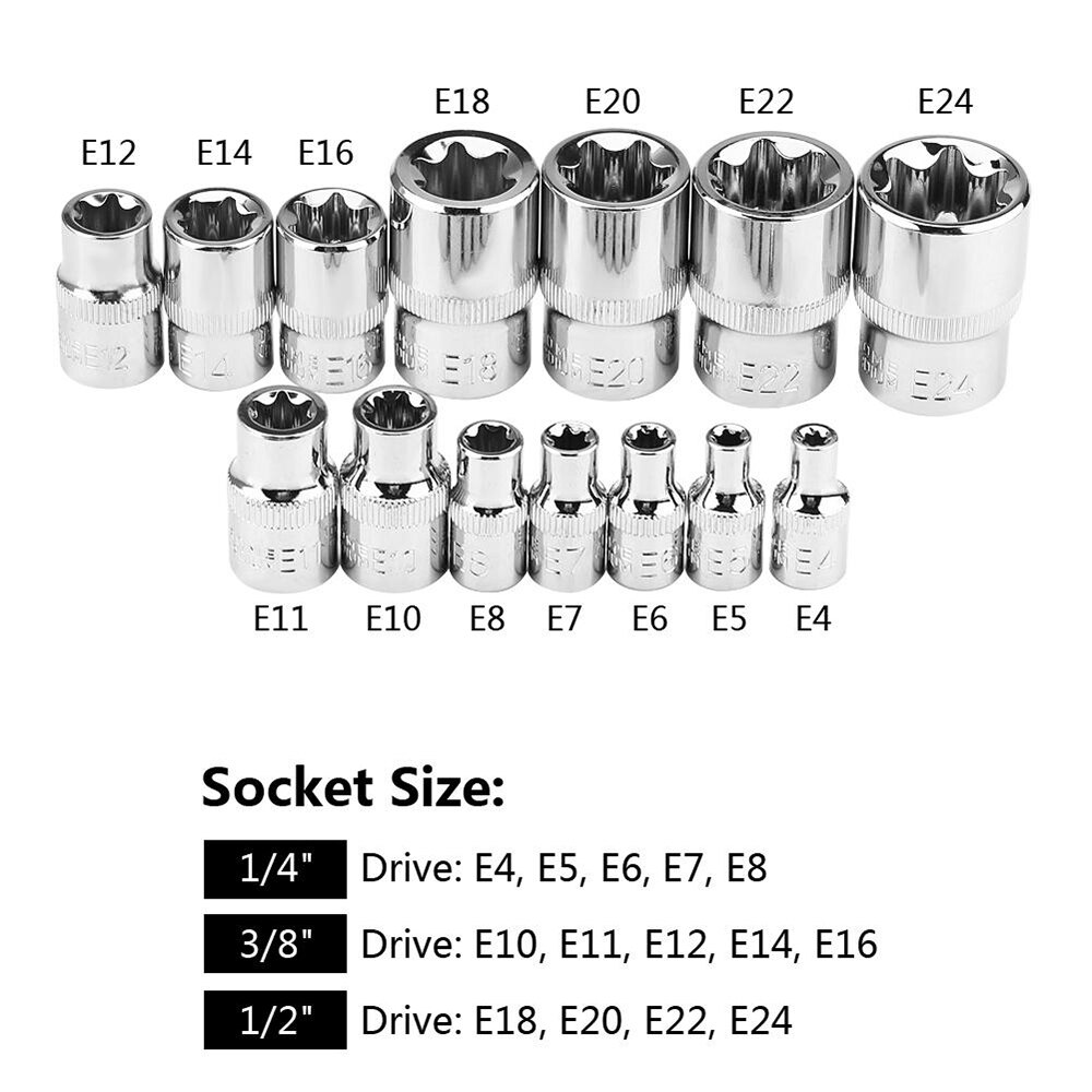 14pcs/Set E-Torx Star Female Bit Socket Set 1/2" 3/8" 1/4" Drive E4 - E24 E-Socket Nuts Set Repair Hand Tools Torque Socket Set