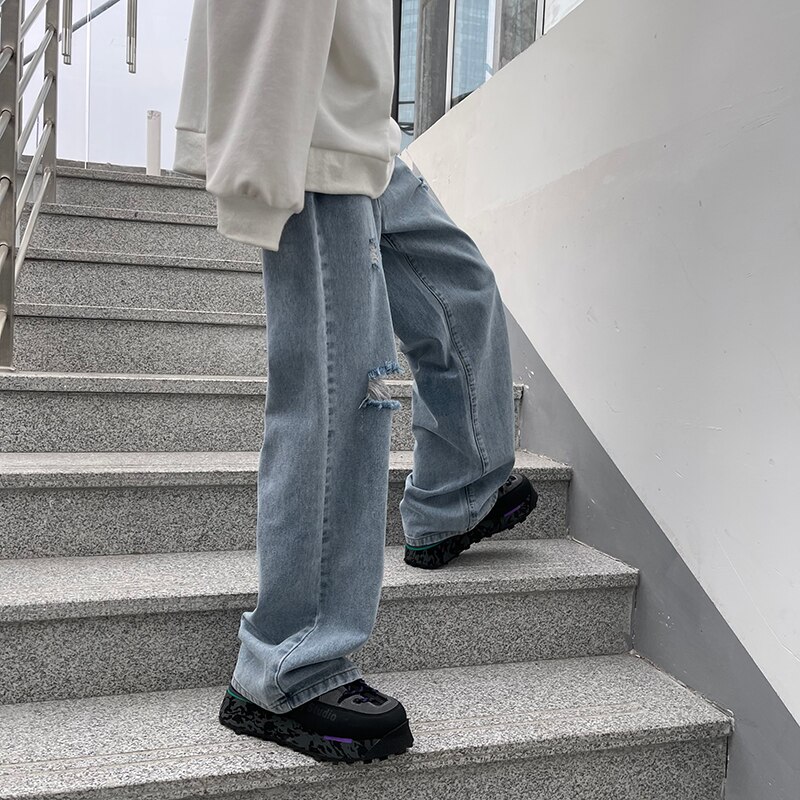 Pantalones vaqueros elásticos para hombre, rasgado y roto, Jeans rectos con agujeros a la , talla grande: Light blue / XXL