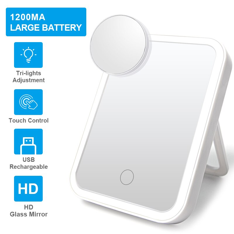 Espejo de maquillaje LED con luz LED para tocador espejo luz dormitorio espejos recargable plegable portátil belleza escritorio VIPdrop: Rojo