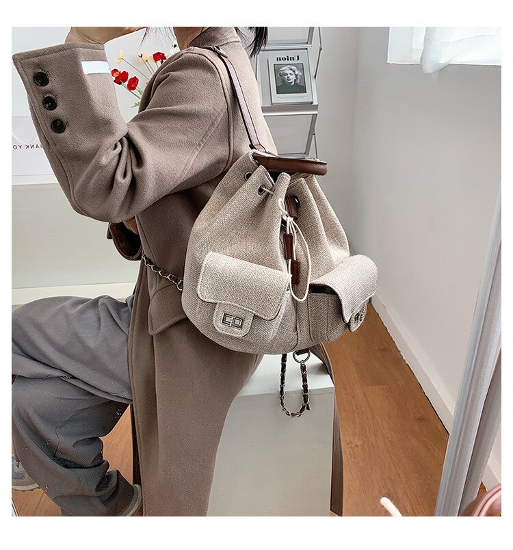 Mochila de algodón y lino para mujer, bolso escolar informal combina con todo, de viaje, de lona, nueva ,: Caqui