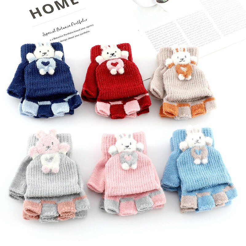 Gants d&#39;hiver en tricot pour enfants, motif lapin mignon, mitaines de dessin animé pour filles, doux et chauds, sans doigts, pour bébé de 2 à 7 ans